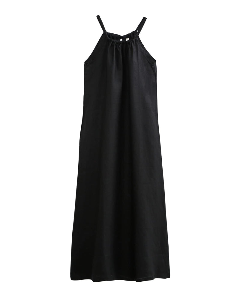 NTG Fad S / Black Womens Linen Halter Sleeveless Maxi Dress Tie Back with Belt and Pockets