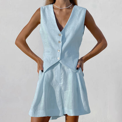 NTG Fad S / Blue Cotton linen vest wide-leg shorts set