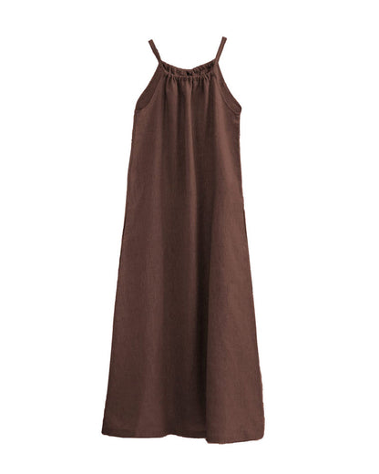 NTG Fad S / Coffee Womens Linen Halter Sleeveless Maxi Dress Tie Back with Belt and Pockets
