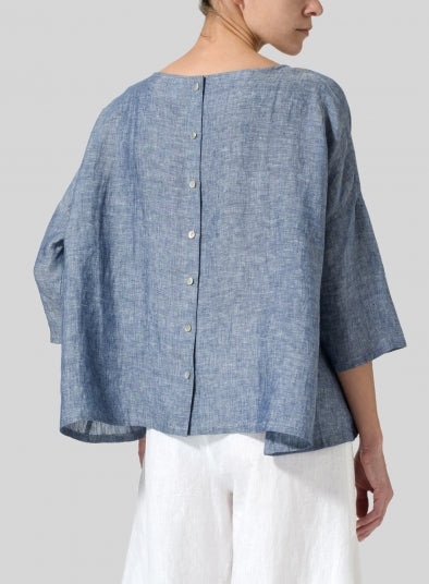 NTG Fad S / Denim Blue Cotton and Linen Drawstring Cuff Short Sleeve Top