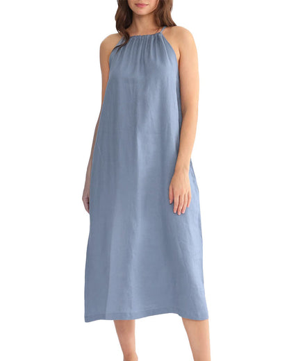 NTG Fad S / Denim Blue Womens Linen Halter Sleeveless Maxi Dress Tie Back with Belt and Pockets
