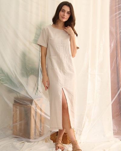 NTG Fad S / gray Round Cotton linen neck short sleeve slit casual dress