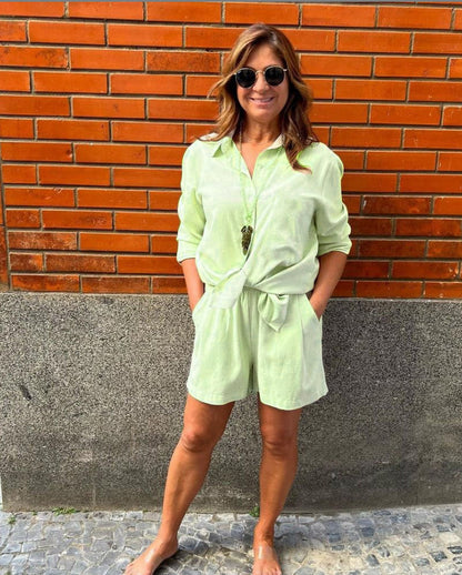 NTG Fad S / green Solid Color Loose Shirt Shorts Suit