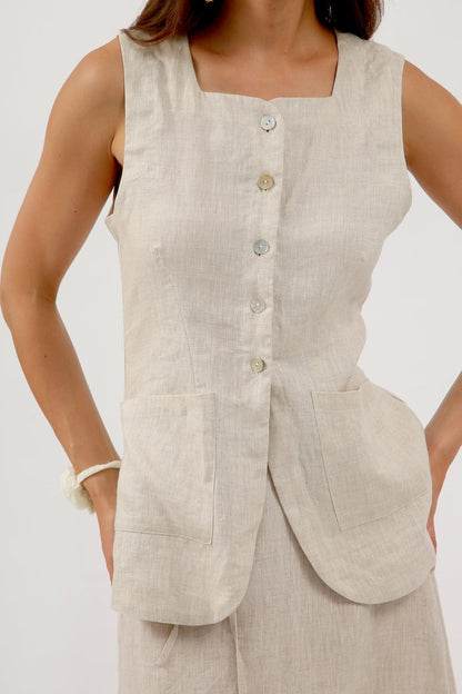 NTG Fad S US women's letter Square Neck Linen Top, Buttoned Vest