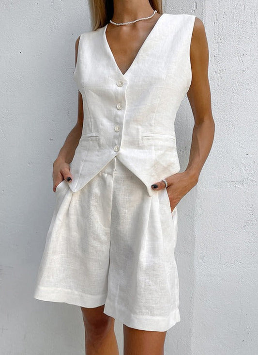 NTG Fad S / White Cotton linen vest wide-leg shorts set