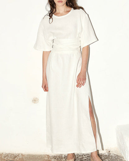 NTG Fad S / White Solid Color Elegant Short Sleeve Linen Dress-(Hand Made)