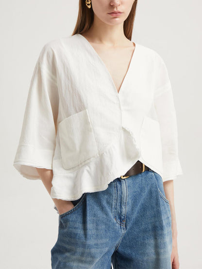 NTG Fad S / White V-Neck Solid Color Loose Blouse