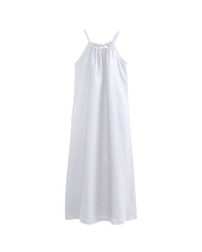 NTG Fad S / White Womens Linen Halter Sleeveless Maxi Dress Tie Back with Belt and Pockets