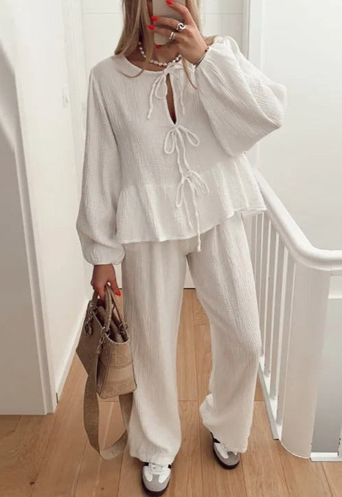 NTG Fad SETS Casual Fashion Lace-up Loose Shirt High Waist Pants Set