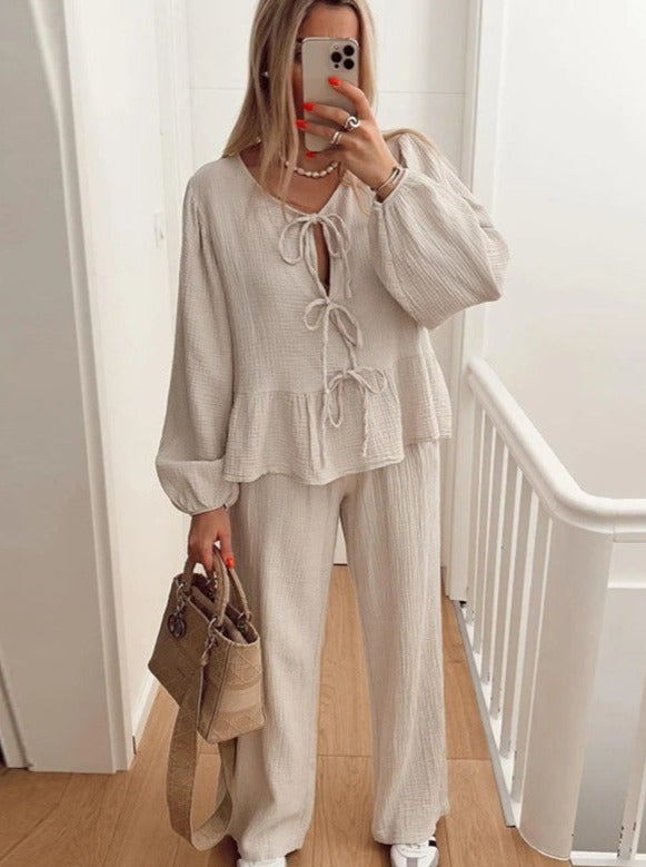 NTG Fad SETS Casual Fashion Lace-up Loose Shirt High Waist Pants Set