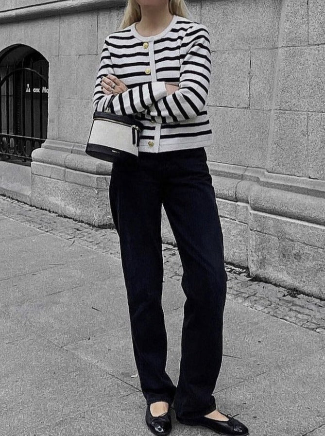 NTG Fad SETS Striped crew neck knitted cardigan fashionable casual sweater