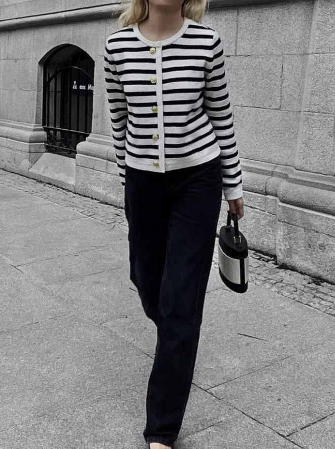 NTG Fad SETS Striped crew neck knitted cardigan fashionable casual sweater