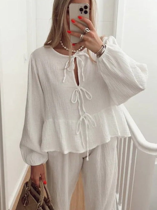 NTG Fad SETS Casual Fashion Lace-up Loose Shirt High Waist Pants Set