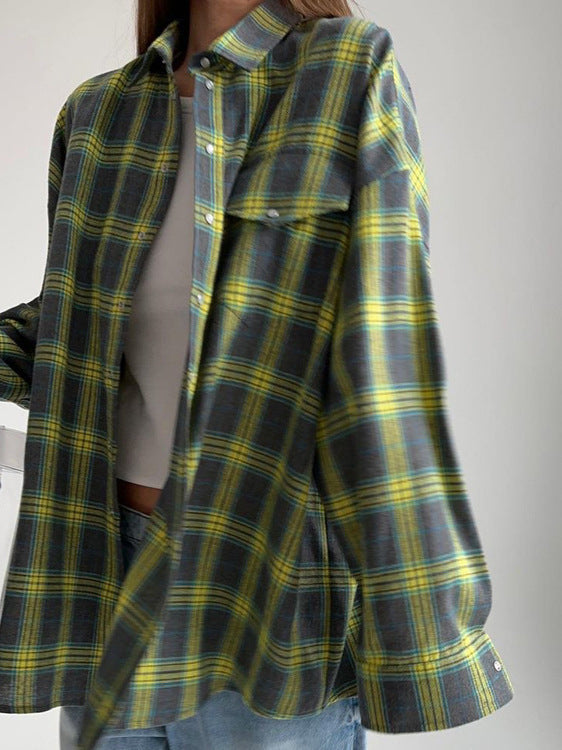 NTG Fad Shirts & Tops Green / S Vintage Loose Plaid Long Sleeve Pocket Shirt