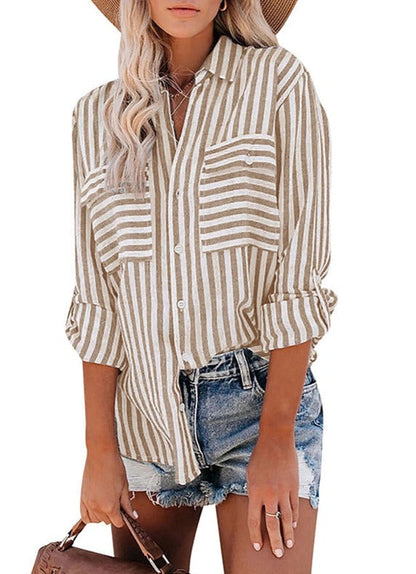 NTG Fad Shirts & Tops khaki / S Linen Washed Striped Long Sleeve Shirt