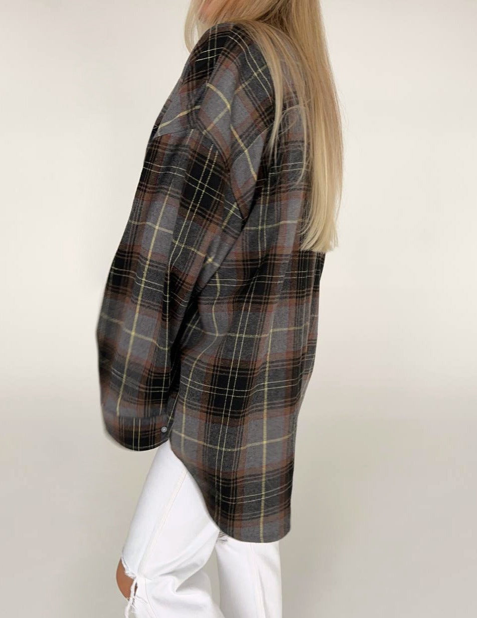 NTG Fad Shirts & Tops Loose Fashion Lapel Long Sleeve Plaid Classic Shirt