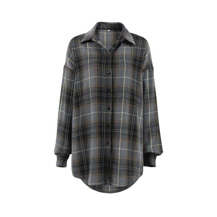 NTG Fad Shirts & Tops Loose Fashion Lapel Long Sleeve Plaid Classic Shirt