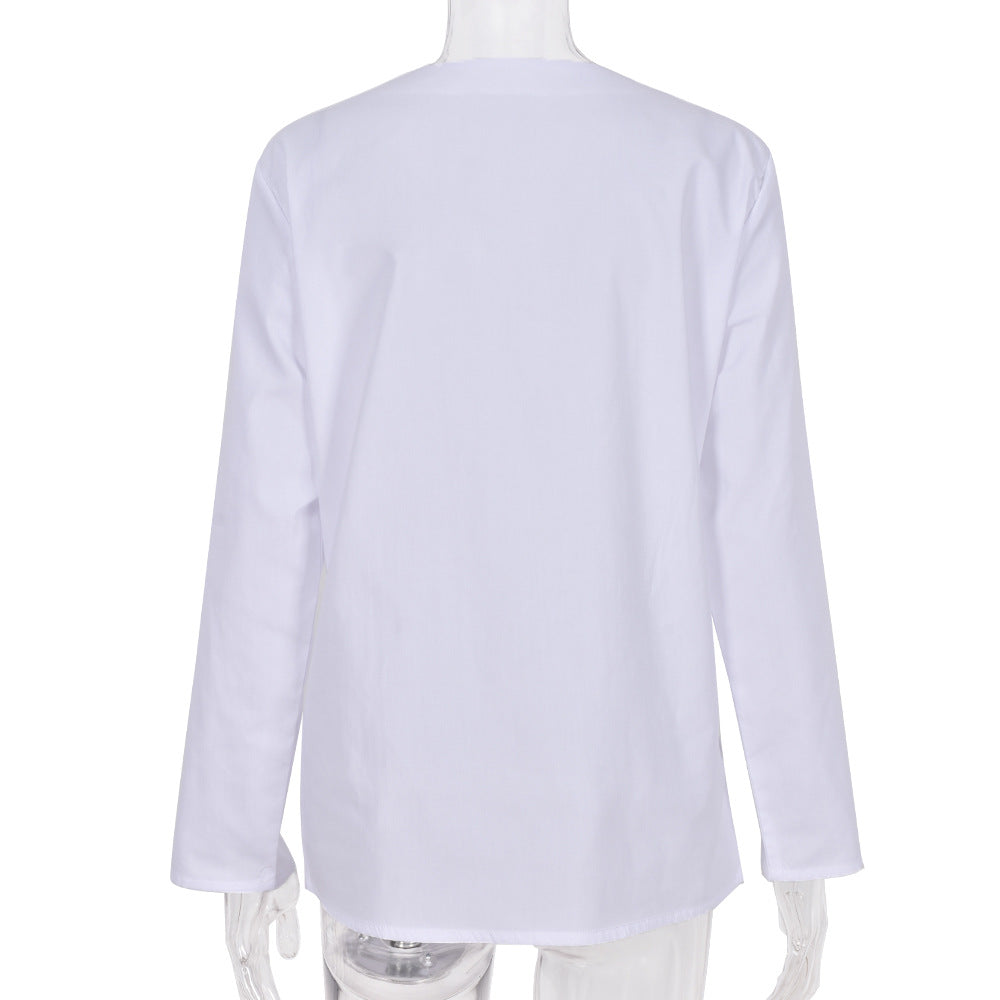 NTG Fad Shirts & Tops Loose Solid Color V Neck Top Long Sleeve Shirt