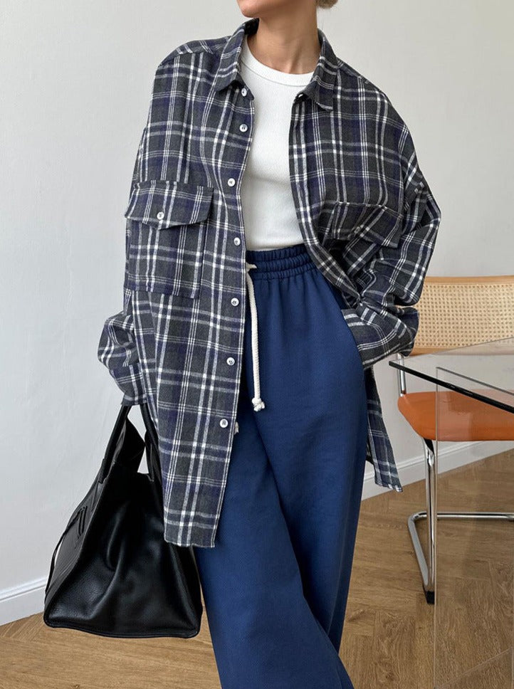 NTG Fad Shirts & Tops Navy / S Vintage Double Pocket Plaid Striped Midi Shirt