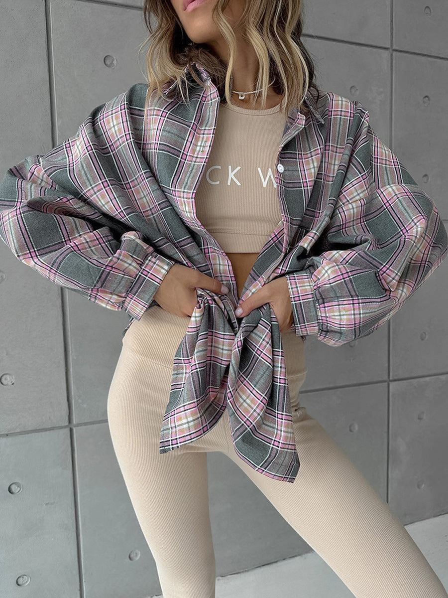 NTG Fad Shirts & Tops Plaid / S Vintage Loose Cotton Lapel Plaid Shirt