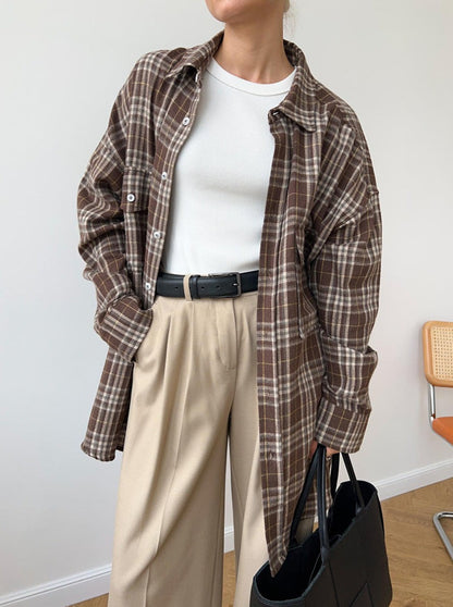 NTG Fad Shirts & Tops Vintage Double Pocket Plaid Striped Midi Shirt