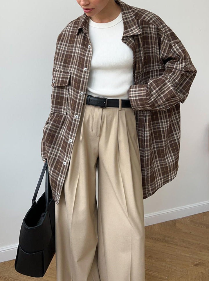 NTG Fad Shirts & Tops Vintage Double Pocket Plaid Striped Midi Shirt