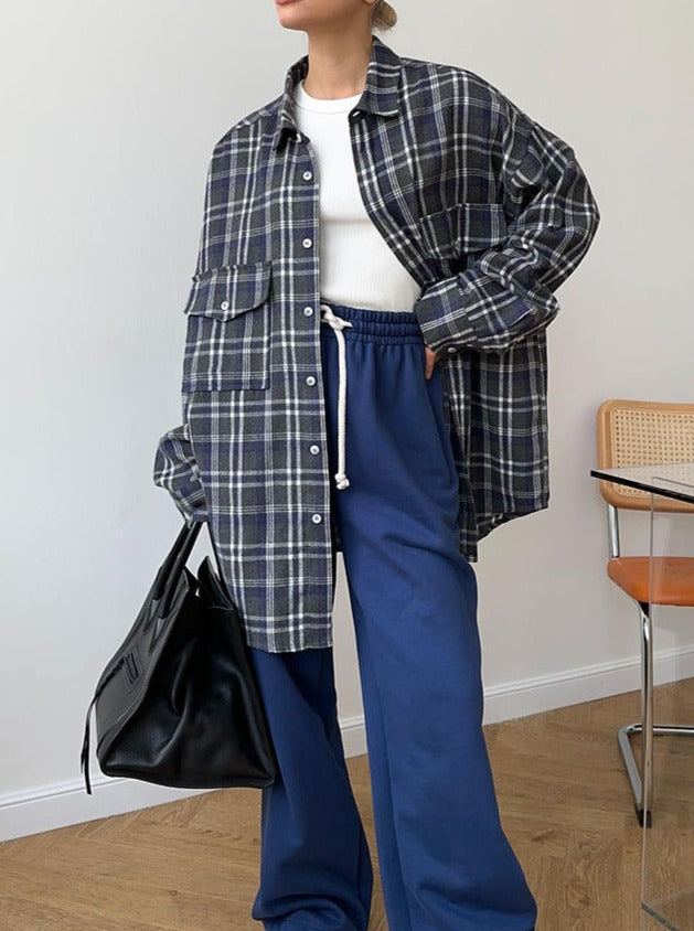 NTG Fad Shirts & Tops Vintage Double Pocket Plaid Striped Midi Shirt