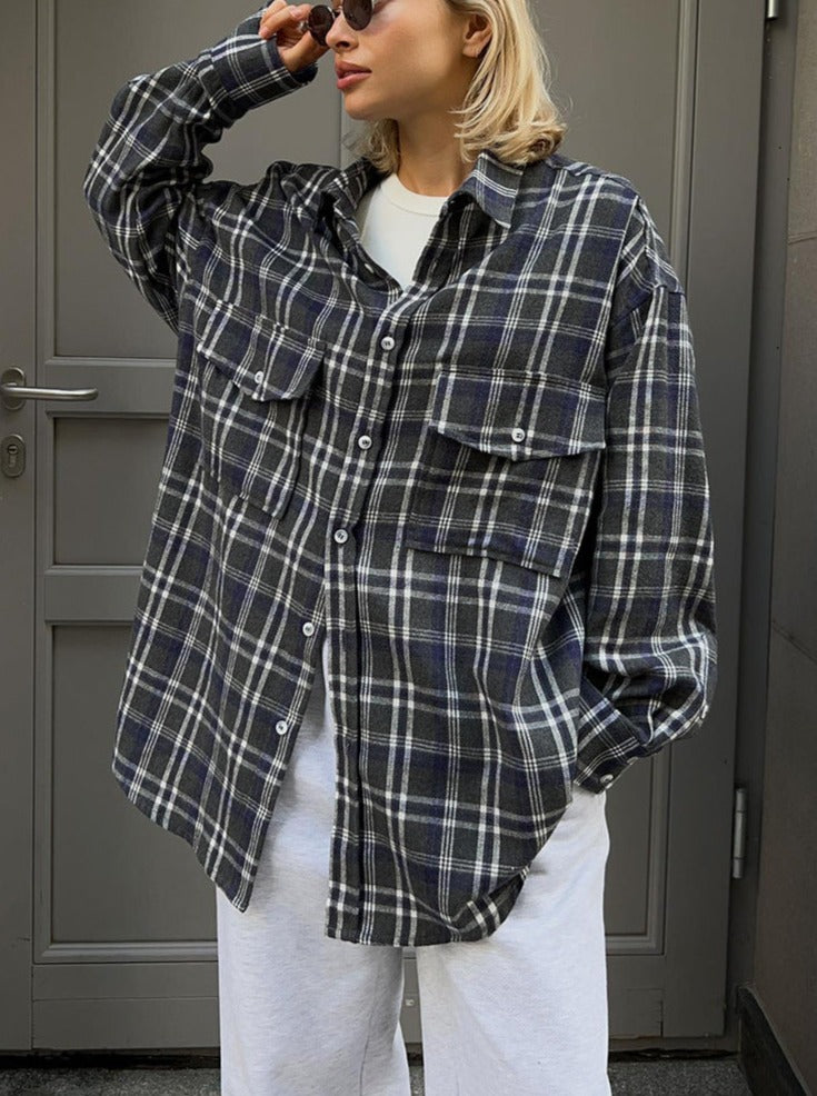 NTG Fad Shirts & Tops Vintage Double Pocket Plaid Striped Midi Shirt