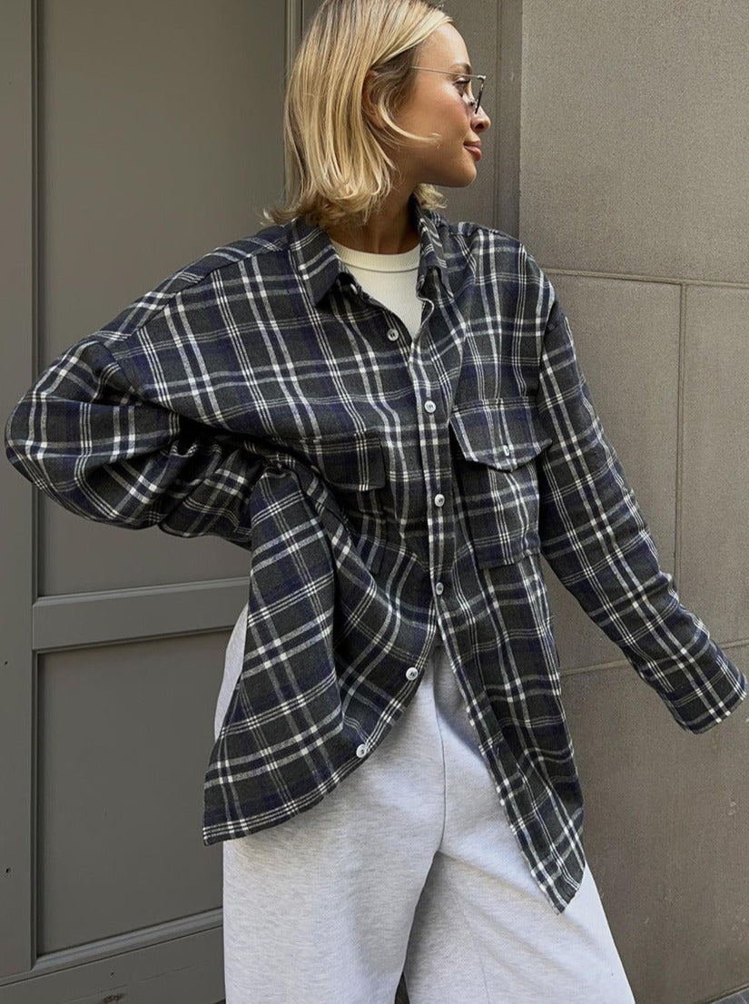 NTG Fad Shirts & Tops Vintage Double Pocket Plaid Striped Midi Shirt