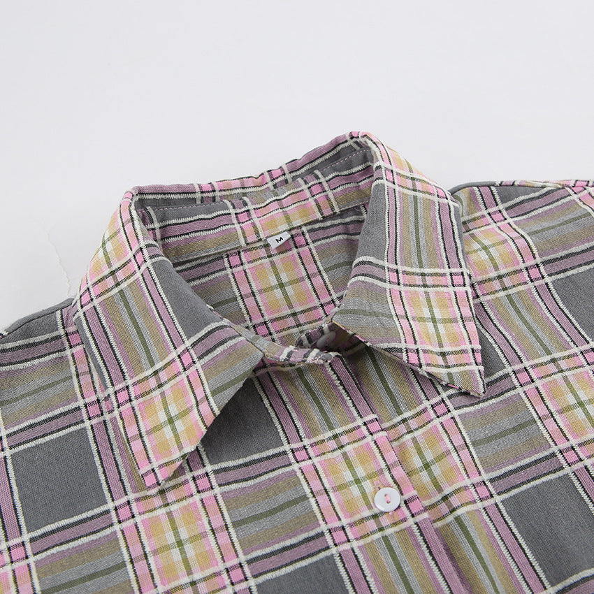 NTG Fad Shirts & Tops Vintage Loose Cotton Lapel Plaid Shirt