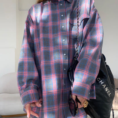 NTG Fad Shirts & Tops Vintage Loose Plaid Long Sleeve Pocket Shirt