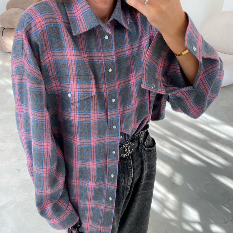 NTG Fad Shirts & Tops Vintage Loose Plaid Long Sleeve Pocket Shirt