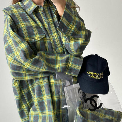 NTG Fad Shirts & Tops Vintage Loose Plaid Long Sleeve Pocket Shirt