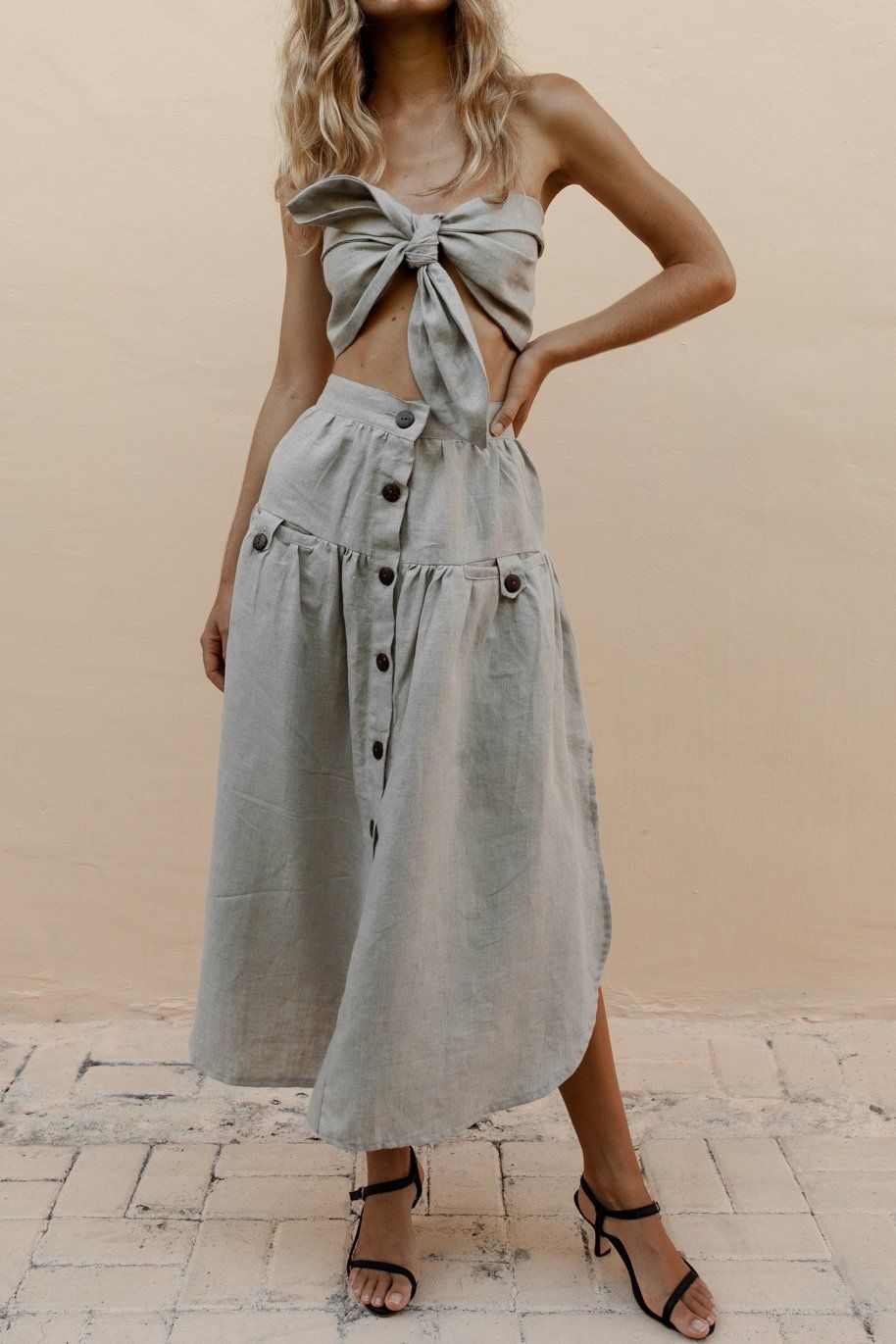 NTG Fad Skirt Grey / S New Arrival Cotton Linen Pocket Slit Skirt-(Hand Made)