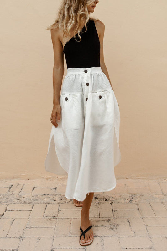 NTG Fad Skirt White / S New Arrival Cotton Linen Pocket Slit Skirt-(Hand Made)