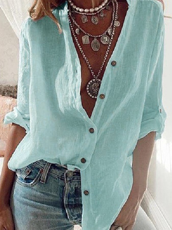 NTG Fad Sky Blue / S Ladies Cotton Linen Solid Color Pull-Sleeve Loose V-Neck Long-Sleeve Shirt
