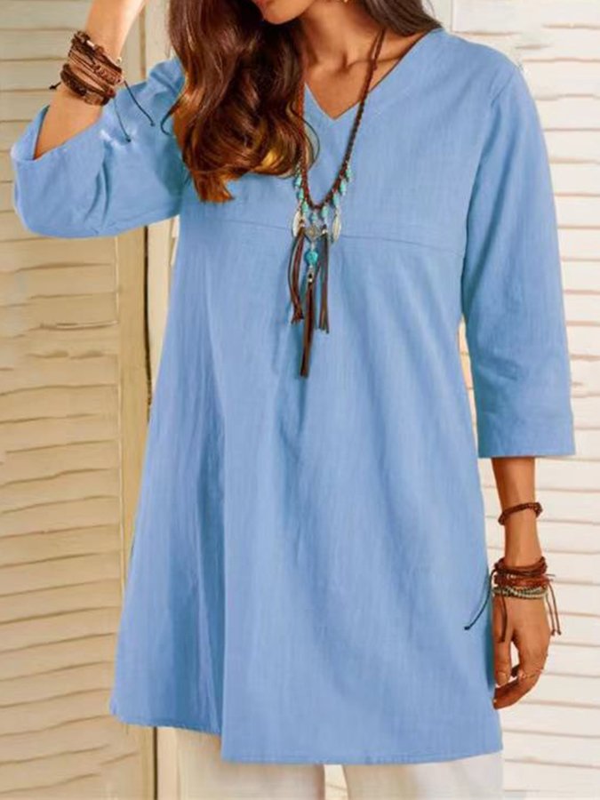 NTG Fad Sky Blue / S Ladies Cotton Linen V-Neck Casual Shirt