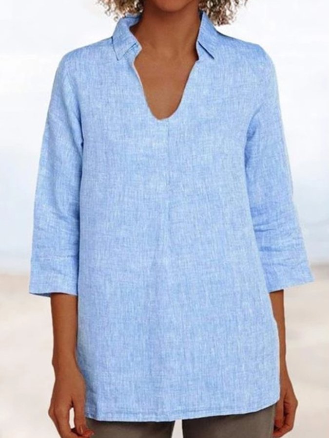 NTG Fad Sky Blue / S Ladies V-Neck Loose Casual Cotton Linen Shirt