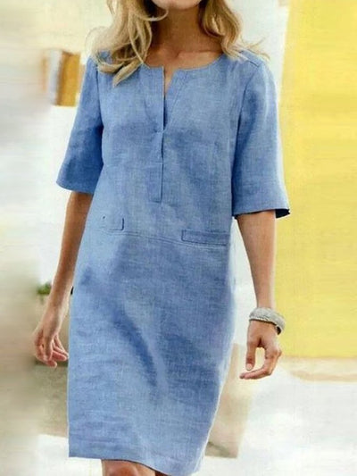 NTG Fad Sky Blue / S Women's Cotton Linen Short Sleeve Dress