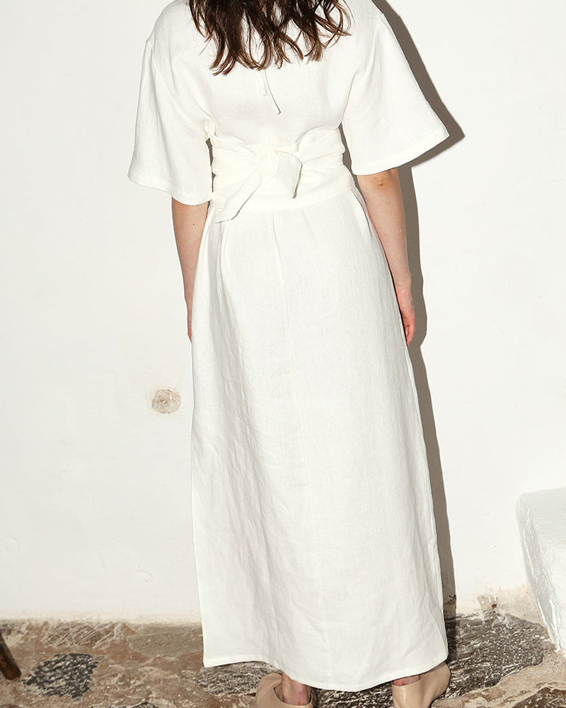 NTG Fad Solid Color Elegant Short Sleeve Linen Dress-(Hand Made)