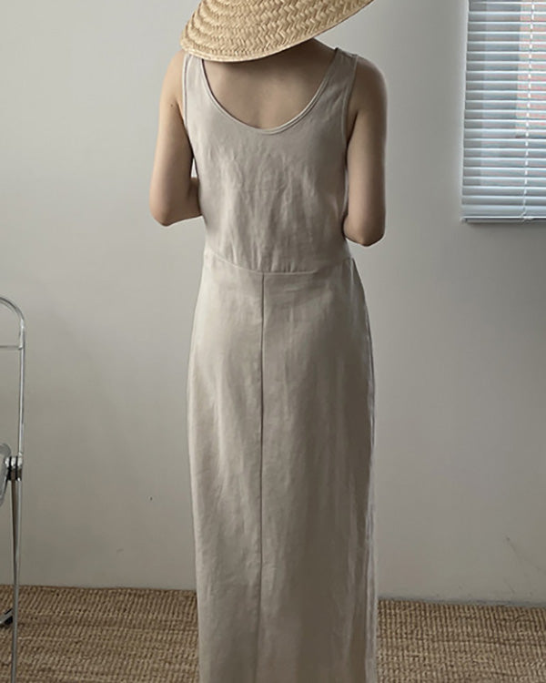 NTG Fad Solid Color Simple Round Neck Sleeveless Cotton Linen Dress