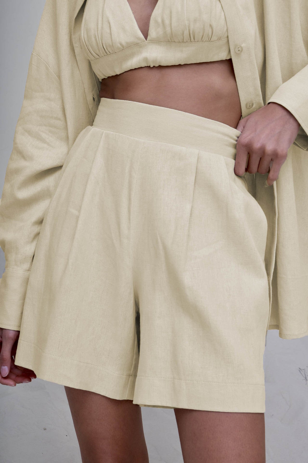 NTG Fad SUIT apricot shorts / S cotton linen vest shirt four piece set