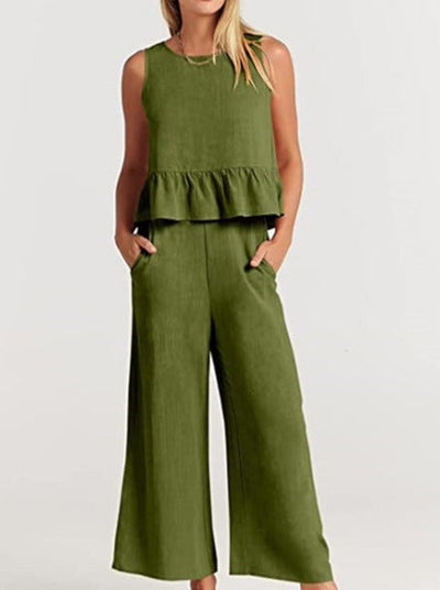 NTG Fad SUIT army green / S Sleeveless pleated vest wide-leg cropped pants casual suit