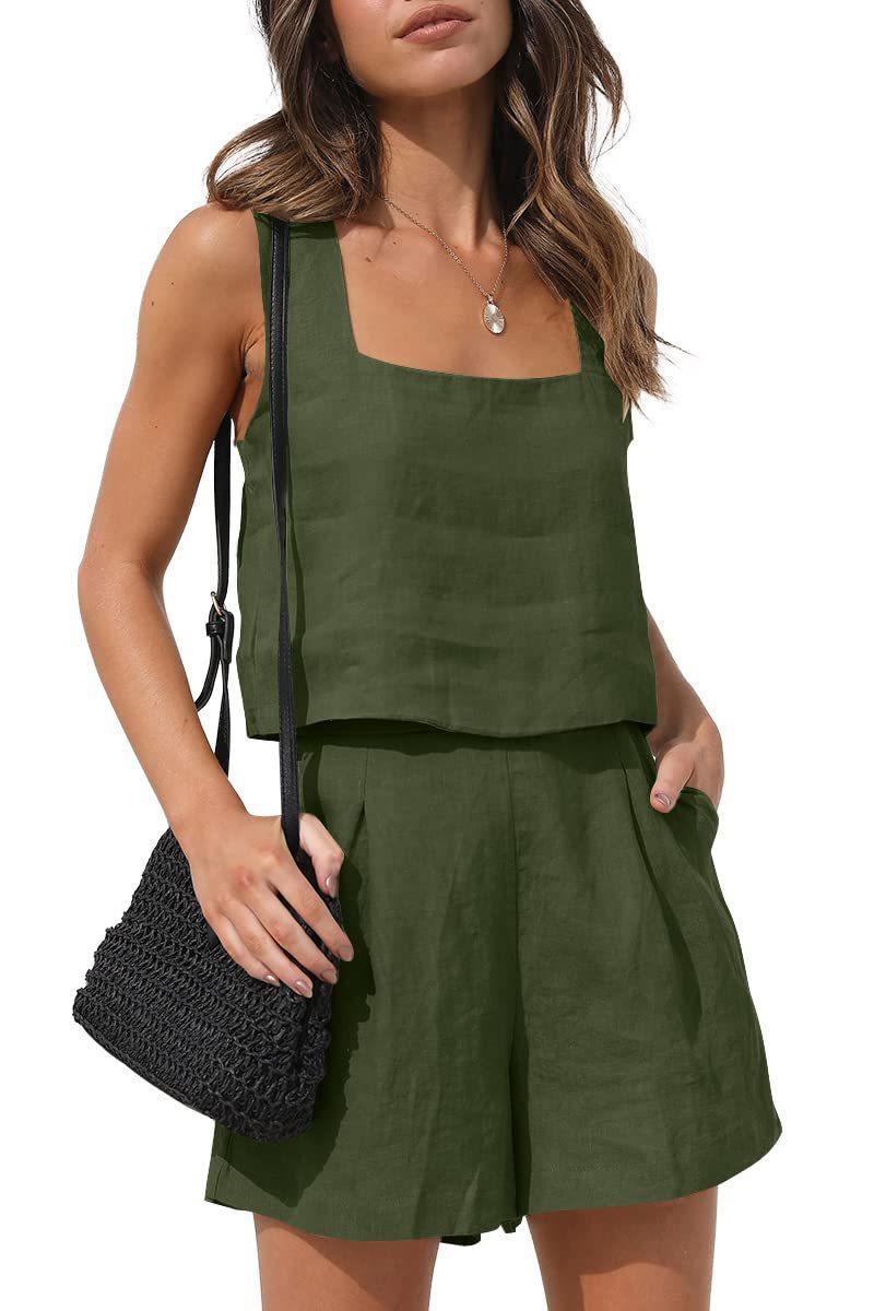 NTG Fad SUIT ArmyGreen / S 2 Piece Casual Set Linen Shorts Sleeveless Top Vest