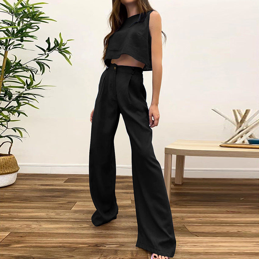 NTG Fad SUIT black / S Cotton and Linen Casual Fashion Vest Trousers Set Commuting Two-piece Set