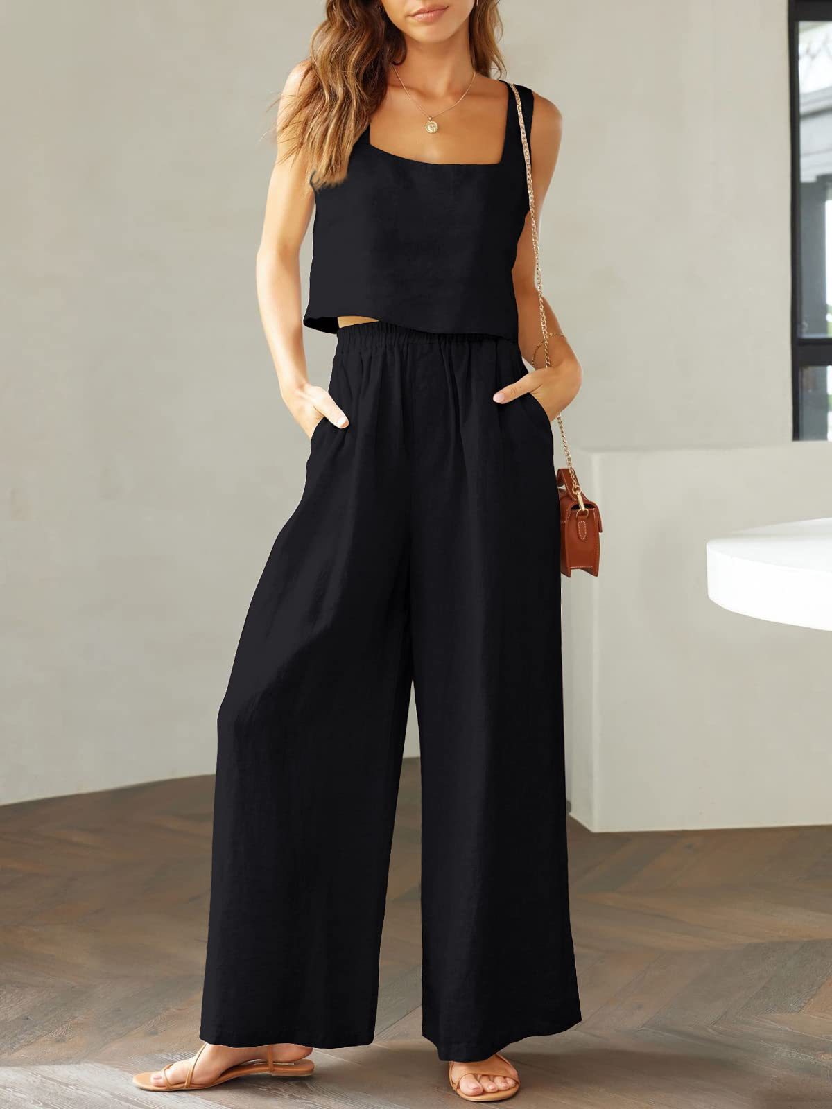 NTG Fad SUIT Black / S Cotton linen sleeveless camisole wide-leg trousers casual suit