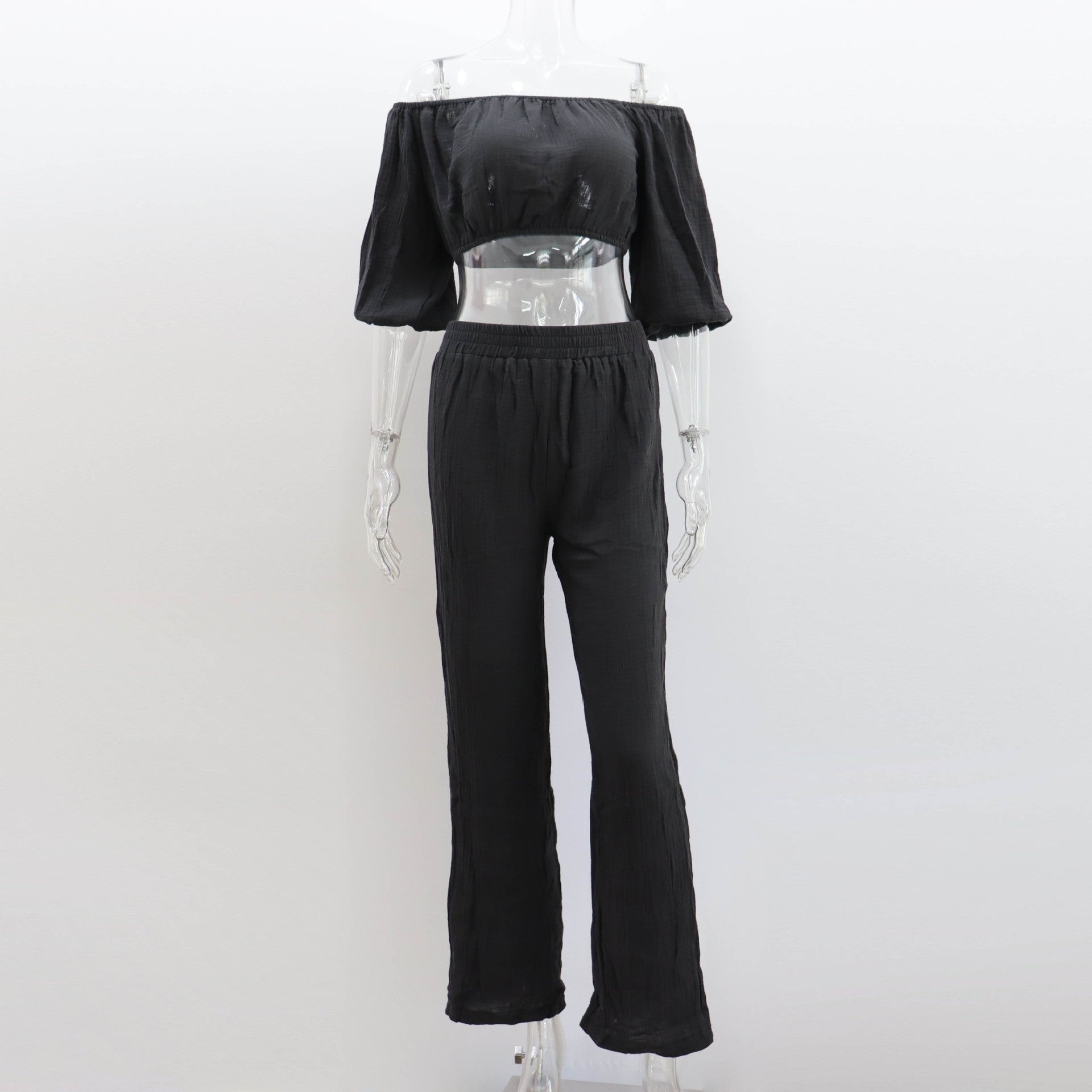NTG Fad SUIT black / S One word collar top + casual straight pants set