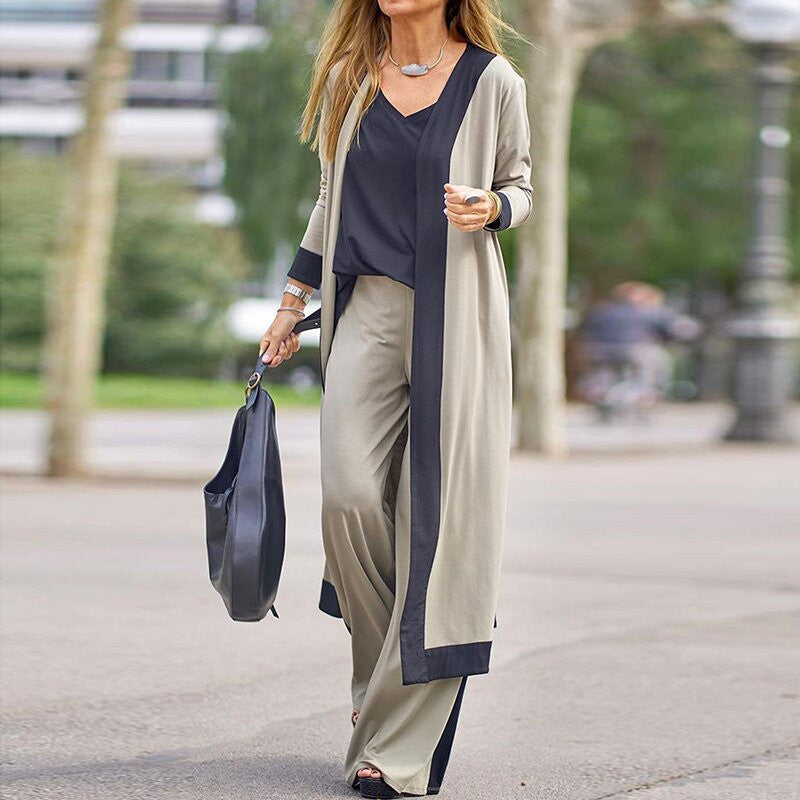 NTG Fad SUIT Blue against navy blue / S Splicing Contrasting Color Sleeveless Vest Long Sleeve Cardigan Jacket Trousers Three-piece SetSplicing Contrasting Color Sleeveless Vest Long Sleeve Cardigan Jacket Trousers Three-piece Set