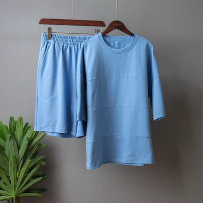 NTG Fad SUIT Blue / S Casual loose stitching short-sleeved T-shirt straight pants suit