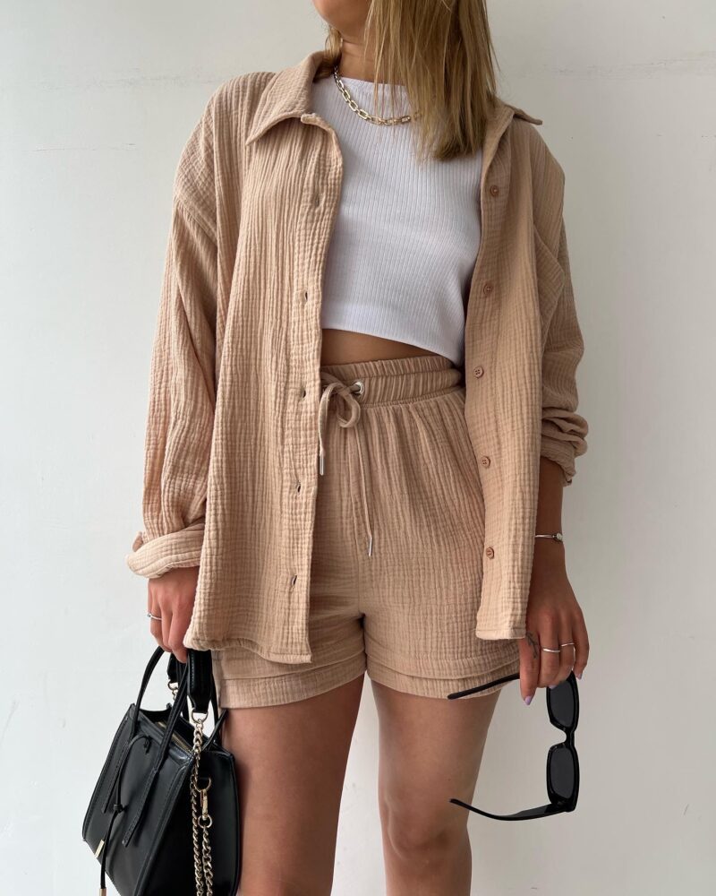 NTG Fad SUIT Brown / S Crepe Lapel Long Sleeve Shirt High Waist Drawstring Shorts Casual Two-Piece Set